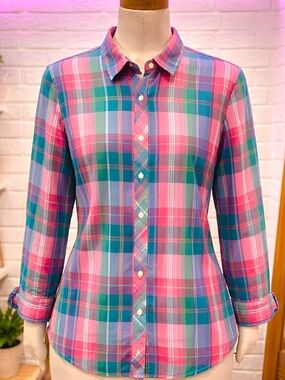 Talbots Pink & Teal Plaid Button-Down Shirt